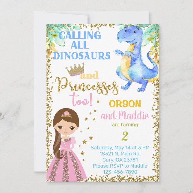 Princess och dinosaur syskon födelsedag inbjudningar (Framsida)