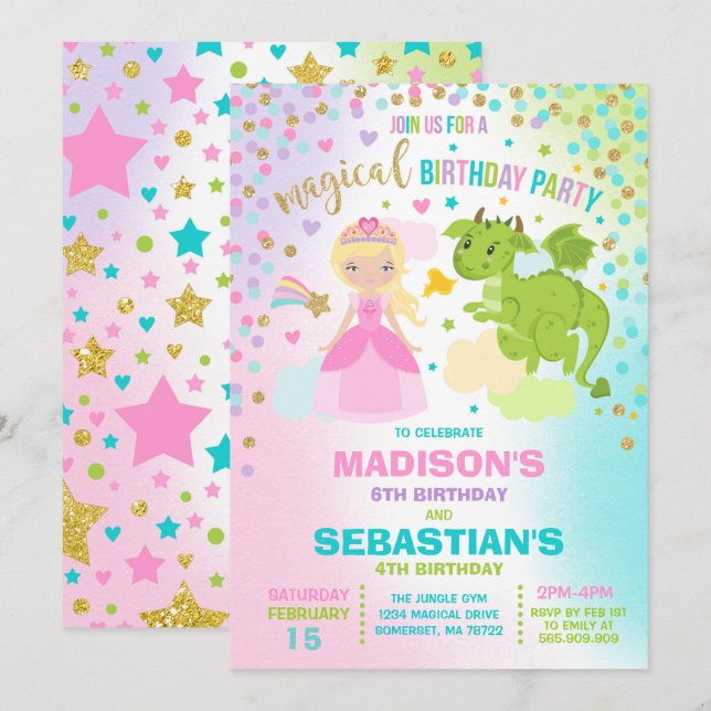Princess och Dragon Birthday bjudande Syskon Inbjudningar (Fram/baksida)