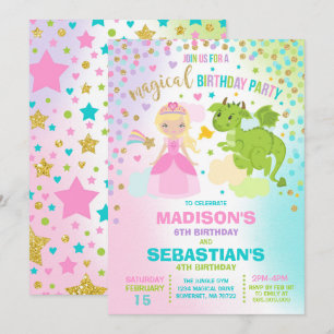 Princess och Dragon Birthday bjudande Syskon Inbjudningar
