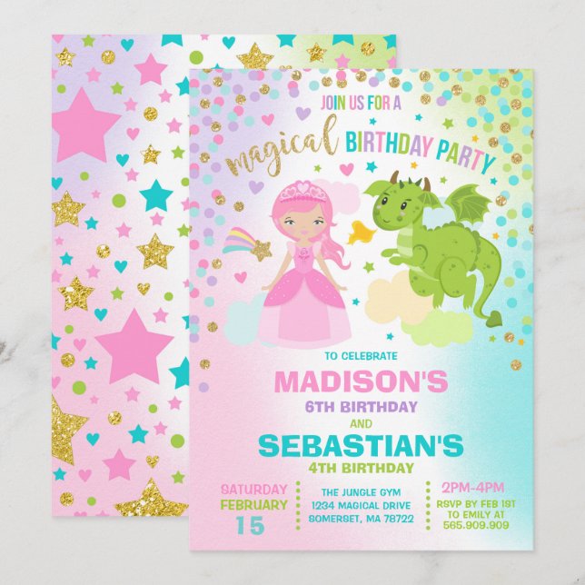Princess och Dragon Birthday bjudande Syskon Inbjudningar (Fram/baksida)