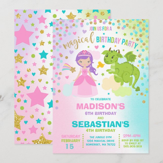 Princess och Dragon Birthday bjudande Syskon Inbjudningar (Fram/baksida)