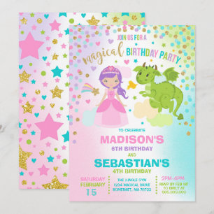 Princess och Dragon Birthday bjudande Syskon Inbjudningar