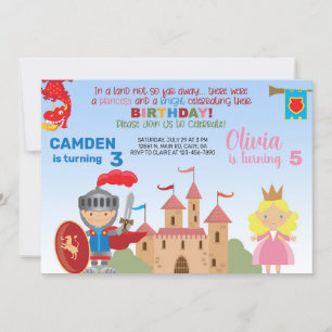 Princess och Knight syskon födelsedag. Inbjudningar