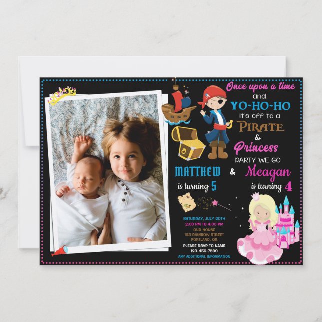 Princess och Pirat födelsedag inbjudan Två tema (Framsida)