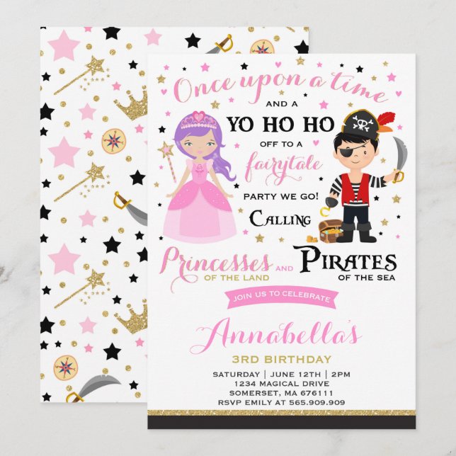 Princess och Pirat inbjudan till födelsedagen (Fram/baksida)