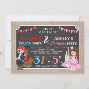 Princess och Pirat Joint BIrthday-inbjudan Inbjudningar