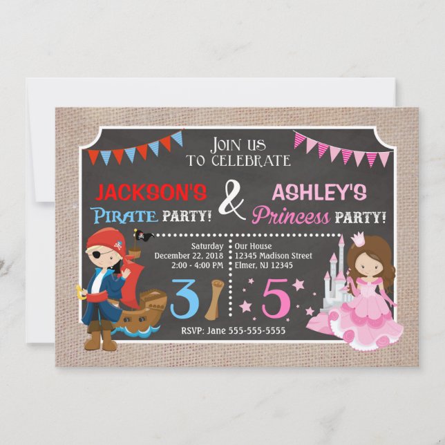 Princess och Pirat Joint BIrthday-inbjudan Inbjudningar (Framsida)