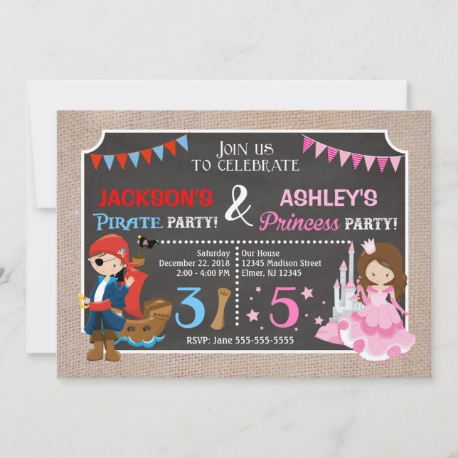 Princess och Pirat Joint BIrthday-inbjudan Inbjudningar (Framsida)