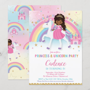 Princess och Unicorn Birthday African American Inbjudningar