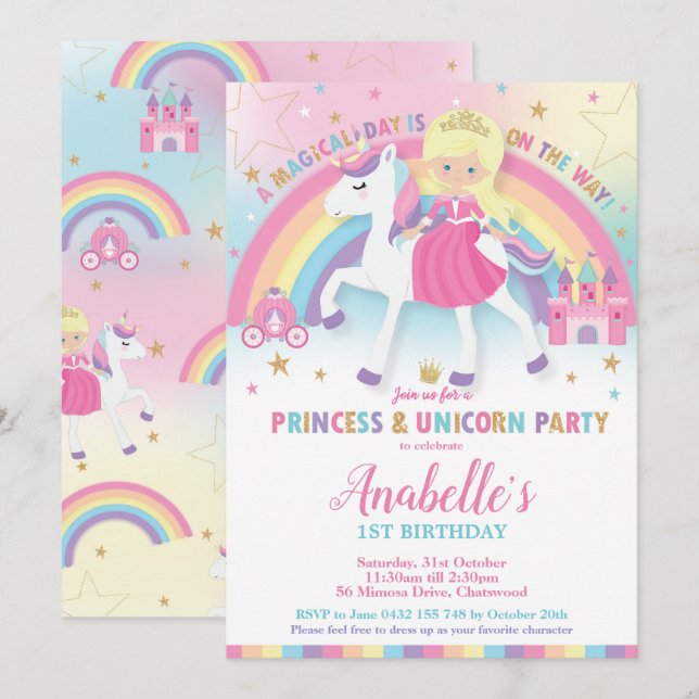Princess och Unicorn Birthday Investigations Rainb Inbjudningar (Fram/baksida)