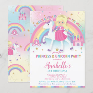 Princess och Unicorn Birthday Investigations Rainb Inbjudningar