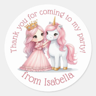 Princess och Unicorn Blommigt Watercolor Sticker Runt Klistermärke