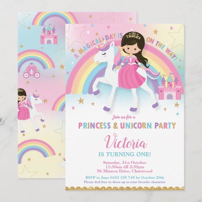 Princess och Unicorn Födelsedagsfest Rainbow Castl Inbjudningar (Fram/baksida)