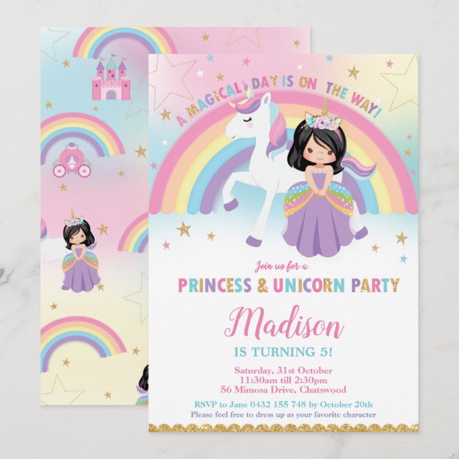 Princess och Unicorn Födelsedagsfest Rainbow Inbjudningar (Fram/baksida)