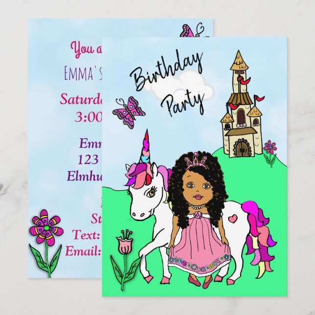 Princess och Unicorn Girl's Födelsedagsfest Inbjudningar (Fram/baksida)