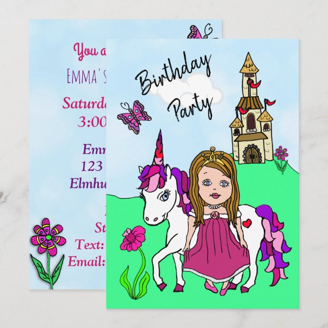 Princess och Unicorn Girl's Födelsedagsfest Inbjudningar (Fram/baksida)