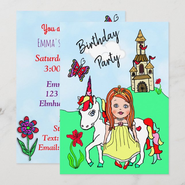 Princess och Unicorn Girl's Födelsedagsfest Inbjudningar (Fram/baksida)