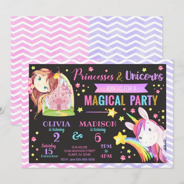 Princess och Unicorn Joint Birthday bjudande Inbjudningar (Fram/baksida)