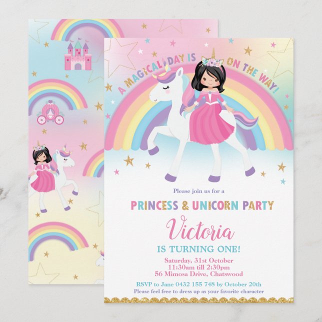 Princess och Unicorn Rainbow Castle Födelsedagsfes Inbjudningar (Fram/baksida)
