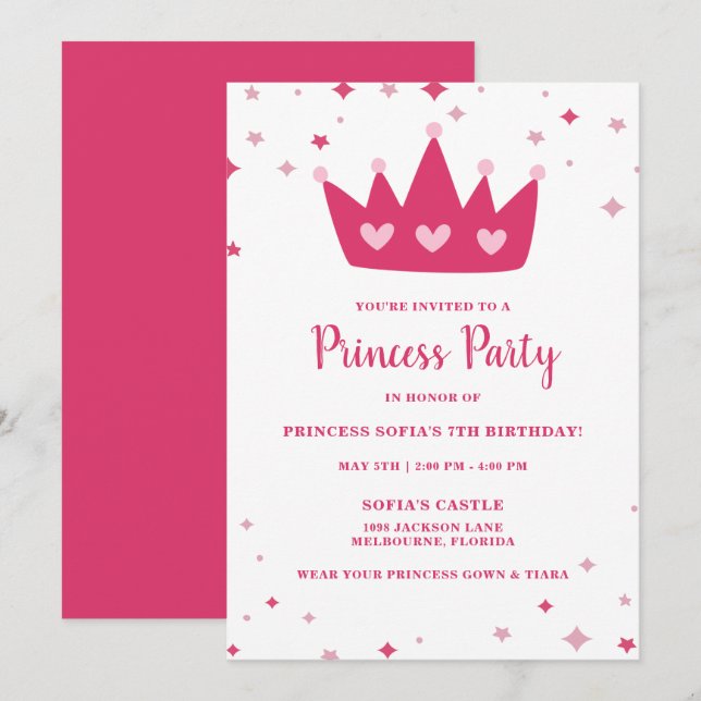 Princess Party Girl's Rosa Krona Födelsedagsfest Inbjudningar (Fram/baksida)