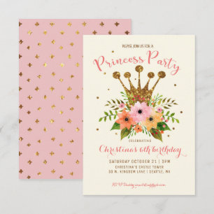 Princess Party Glitter Blommigt Krona Bday Inbjuda Inbjudningar