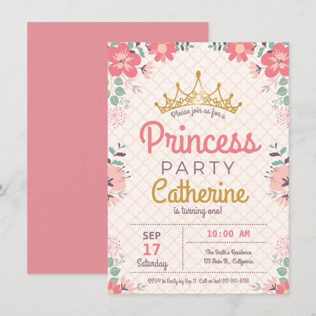 Princess Party på Blommigt Background. Inbjudningar (Fram/baksida)