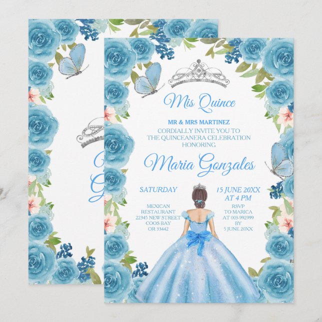 Princess Pastel Blue Ro & Butterfly Mis Quince Inbjudningar (Fram/baksida)