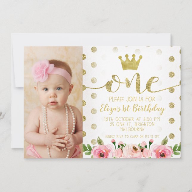 Princess Photo 1st Birthday Party bjudan Inbjudningar (Framsida)