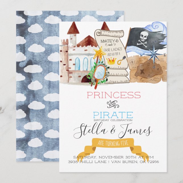 Princess & Pirat Joint Födelsedagsfest Inbjudningar (Fram/baksida)