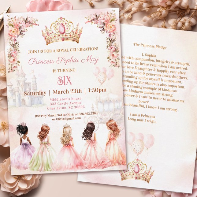 Princess Pledge Krona Rosa  Blommigt Girl Birthday Inbjudningar (Princess Pledge Crown Pink Floral Girl Birthday Invitation)
