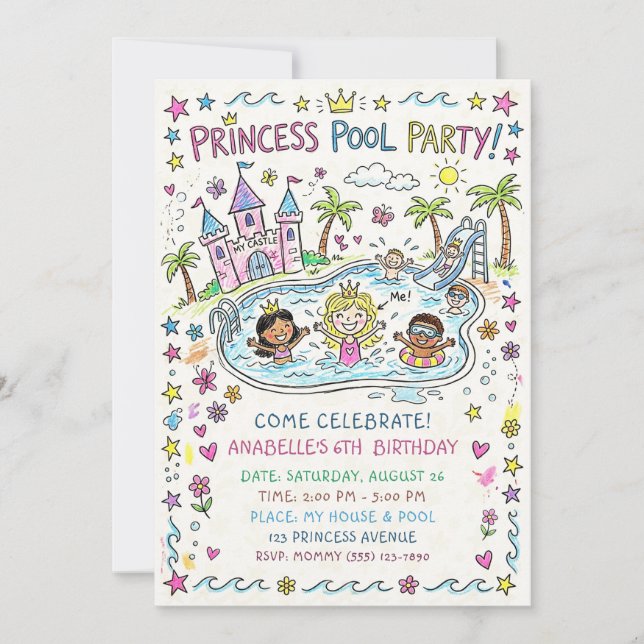 Princess Pool Party Invitation Inbjudningar (Framsida)