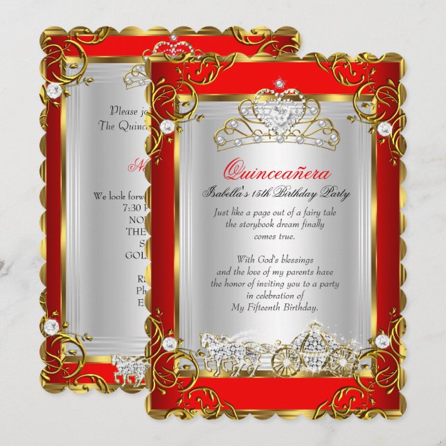 Princess Quinceanera 15:e födelsedagen Red Inbjudningar (Fram/baksida)