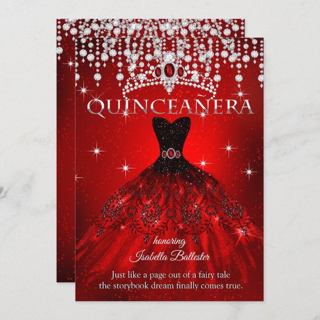 Princess Quinceanera 15:e födelsedagen Red Tiara Inbjudningar (Fram/baksida)