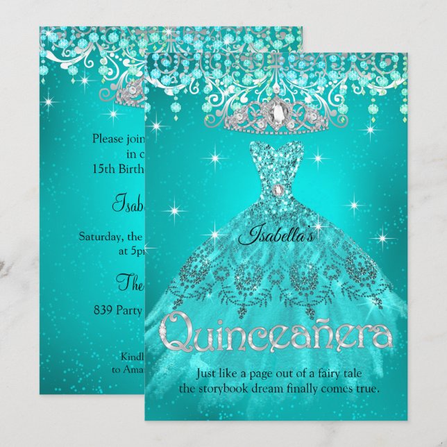 Princess Quinceanera 15:e födelsedagen Teal Aqua T Inbjudningar (Fram/baksida)
