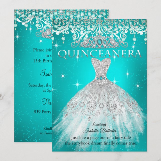 Princess Quinceanera 15:e födelsedagen Teal Blue T Inbjudningar (Fram/baksida)