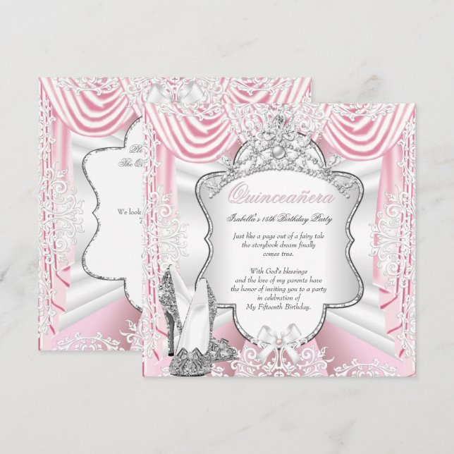 Princess Quinceanera 15:e Party Silke Rosa Inbjudningar (Fram/baksida)