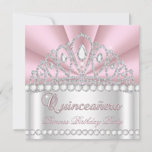 Princess Quinceanera 15:e Rosan White Diamond Gem Inbjudningar (Framsida)