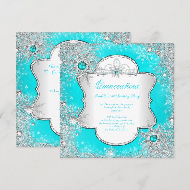 Princess Quinceanera Aqua Teal Winter Wonderland Inbjudningar (Fram/baksida)