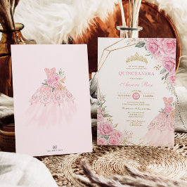 Princess Quinceañera Baby Rosa Blommigt Guld Krona Inbjudningar