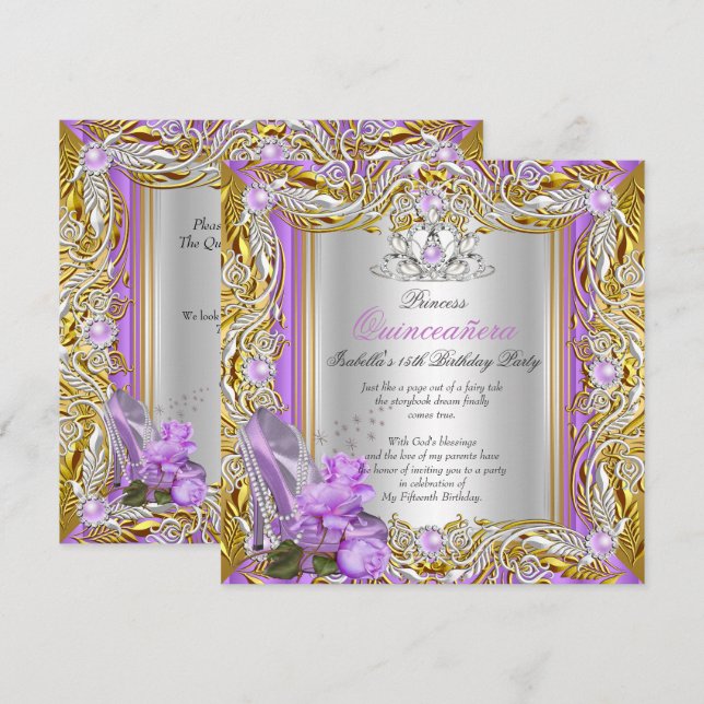 Princess Quinceanera Birthday Lila Ro Guld 2 Inbjudningar (Fram/baksida)