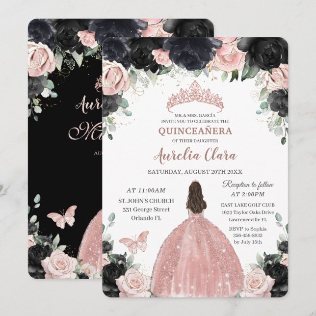 Princess Quinceañera Black Rosa Blommigt Ro Guld Inbjudningar (Fram/baksida)