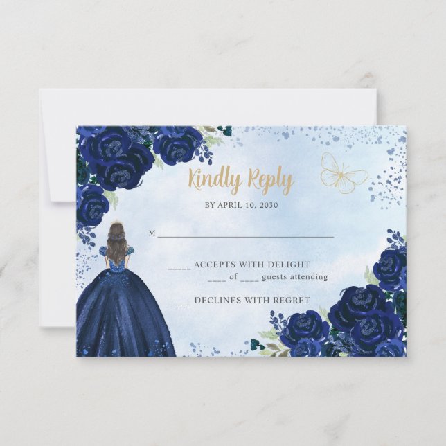 Princess Quinceañera, blommigt Navy Blue Guld Glit OSA Kort (Framsida)