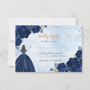 Princess Quinceañera, blommigt Navy Blue Guld Glit OSA Kort