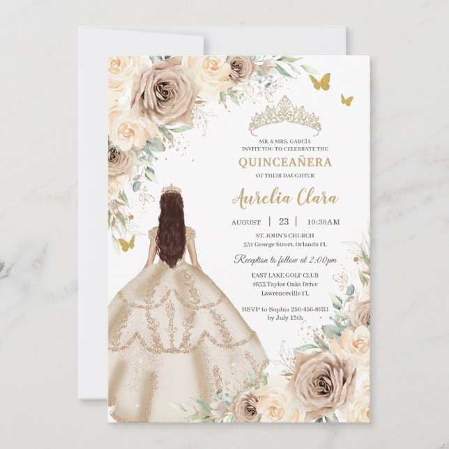 Princess Quinceañera Champagne Blommigt Ro Dress Inbjudningar (Framsida)