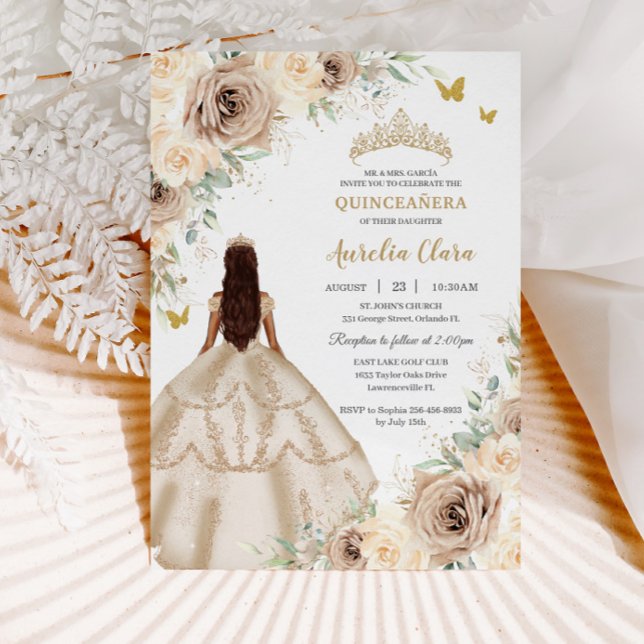 Princess Quinceañera Champagne Blommigt Ro Dress Inbjudningar (Skapare uppladdad)