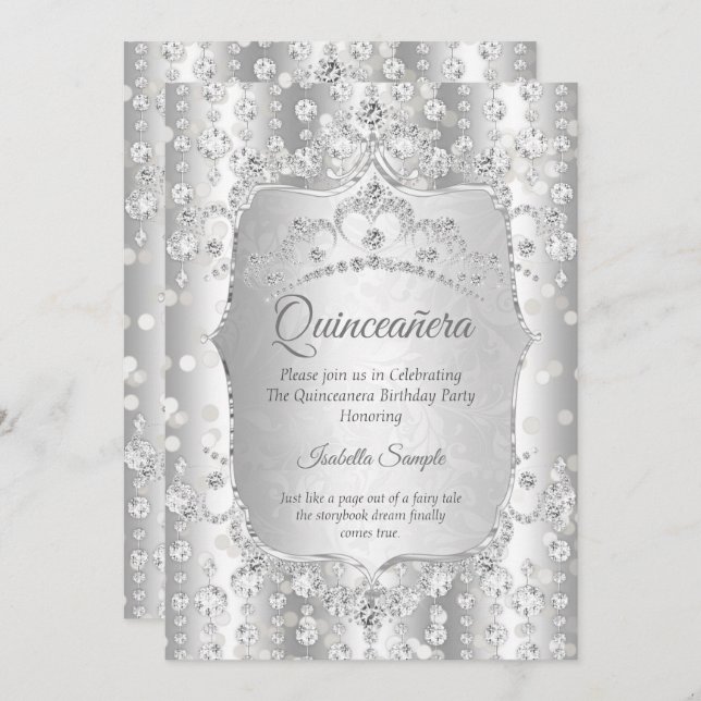 Princess Quinceanera diamant silver white tiara Inbjudningar (Fram/baksida)