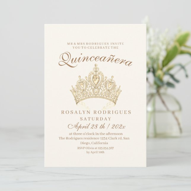 Princess Quinceañera Elegant Guld Krona Beige Inbjudningar (Stående Fram)