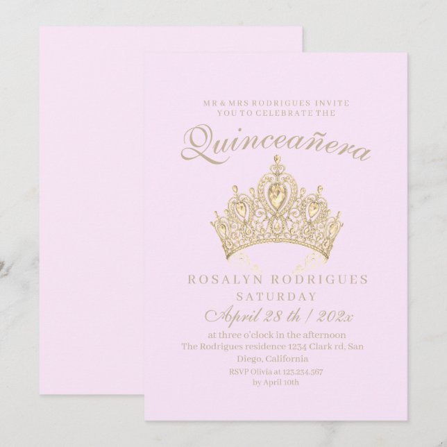 Princess Quinceañera Elegant Guld Krona Rosa Inbjudningar (Fram/baksida)