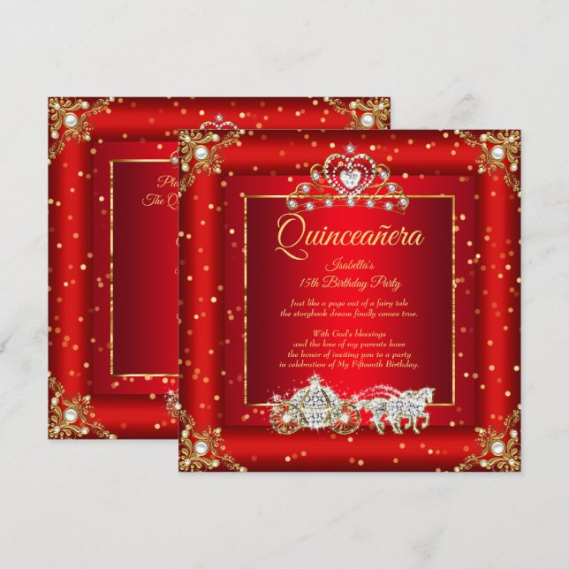 Princess Quinceanera Elite Regal Red Guld Gnistra Inbjudningar (Fram/baksida)