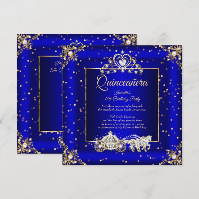 Princess Quinceanera Elite Royal Blue Guld Gnistra Inbjudningar (Fram/baksida)